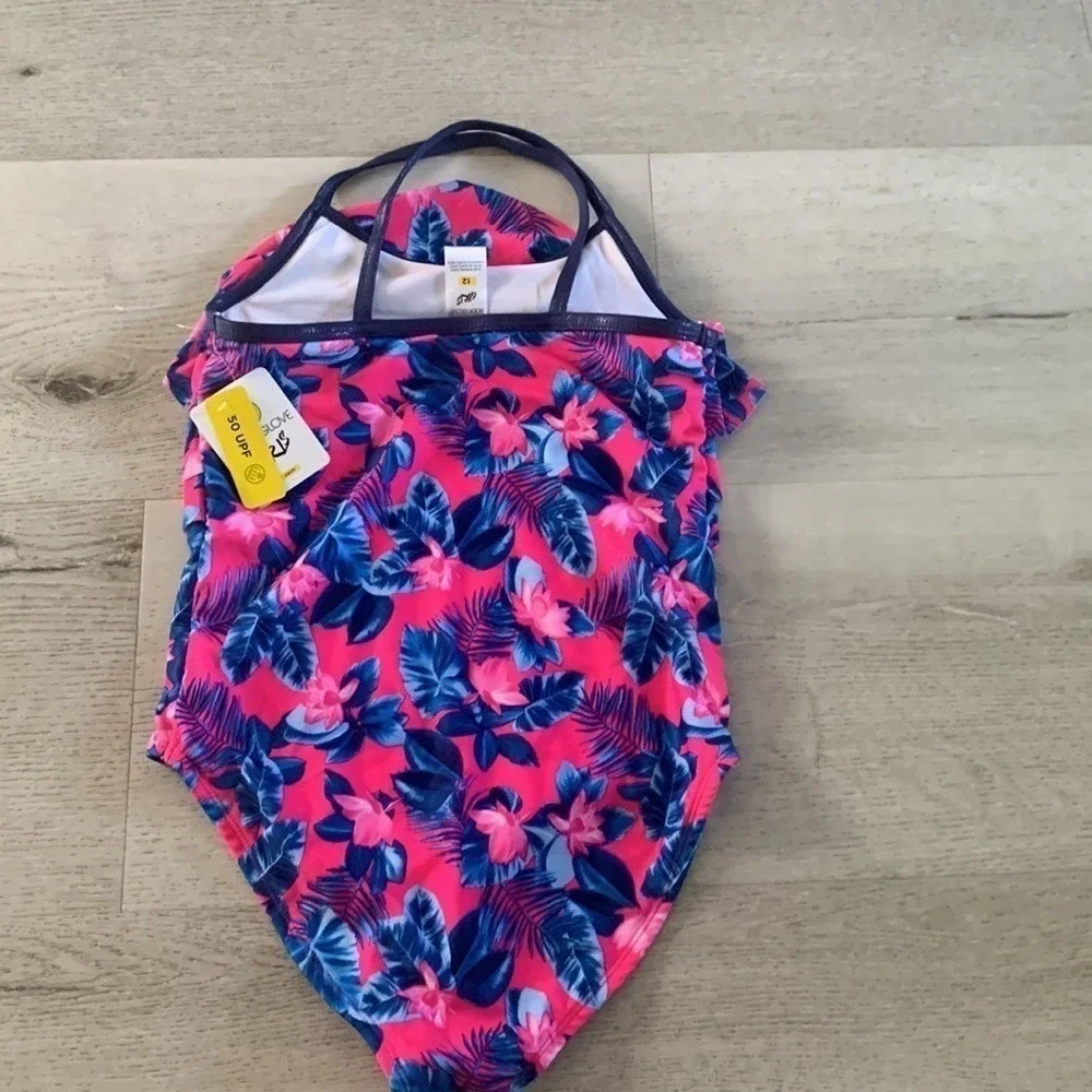 Body Glove Girls Pink Blue Tropical Floral Ruffle One Piece Swimsuit Size 12 NWT